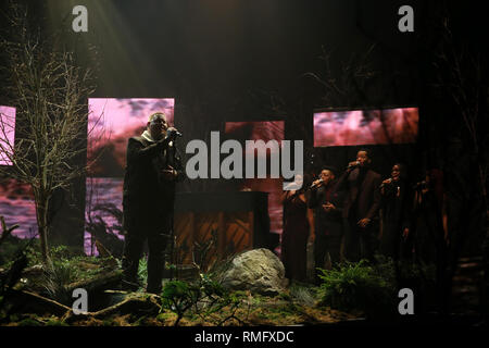 Rory Charles Graham, better known as Rag'n'Bone Man, performing with Calvin Harris (not pictured) during the filming for the Graham Norton Show at BBC Studioworks 6 Television Centre, Wood Lane, London, to be aired on BBC One on Friday evening. PRESS ASSOCIATION. Picture date: Thursday February 14, 2019. Photo credit should read: PA Images on behalf of So TV Stock Photo