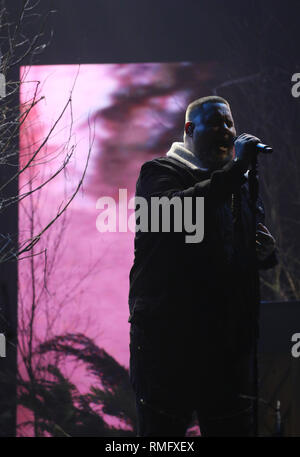 Rory Charles Graham, better known as Rag'n'Bone Man, performing with Calvin Harris (not pictured) during the filming for the Graham Norton Show at BBC Studioworks 6 Television Centre, Wood Lane, London, to be aired on BBC One on Friday evening. PRESS ASSOCIATION. Picture date: Thursday February 14, 2019. Photo credit should read: PA Images on behalf of So TV Stock Photo