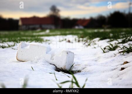 Plastic pollution on an acre with wheat crops Stock Photo