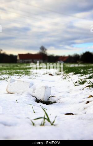 Plastic pollution on an acre with wheat crops Stock Photo