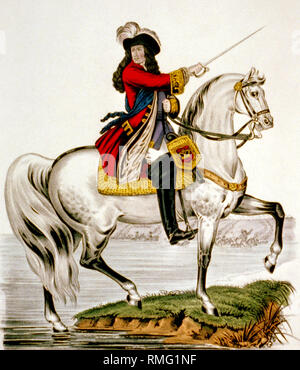 King Billy, king william III of orange crossing the boyne on his white horse at the battle of the boyne 1st july 1690  Image updated using digital restoration and retouching techniques Stock Photo
