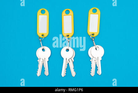 Three keys pair on yellow keychains blue background and copyspace Stock Photo