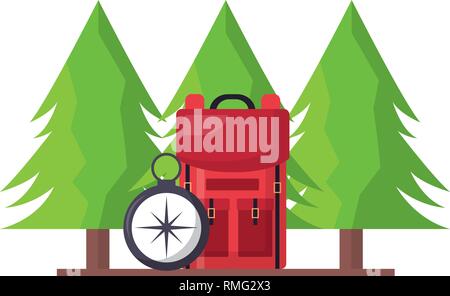 camping backpack compass trees Stock Vector