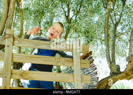 Child entertaining waving on top of his house on the wooden tree on an olive tree, enjoying his childhood. Stock Photo
