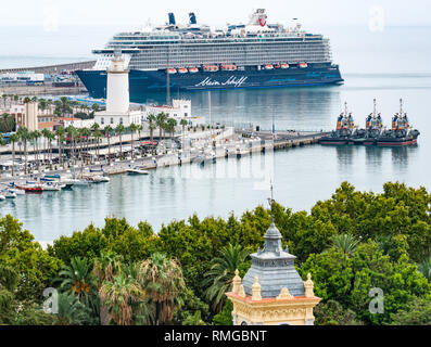 Malaga harbour seen from above. German tourist passenger ship Mein Schiff in port, Malaga, Andalusia, Spain Stock Photo