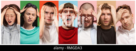 Group of cool people, woman and man stressful keeping hands on head, terrified in panic, shouting. Collage about human emotions Stock Photo