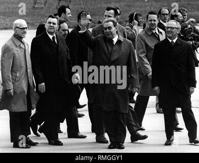 Willi Stoph, Soviet Foreign Minister Andrei Gromyko, Leonid Brezhnev and Erich Honecker (from left to right) after a military ceremony of the NVA at the airport Berlin-Schoenefeld East Berlin on the occasion of Brezhnev's arrival. Stock Photo