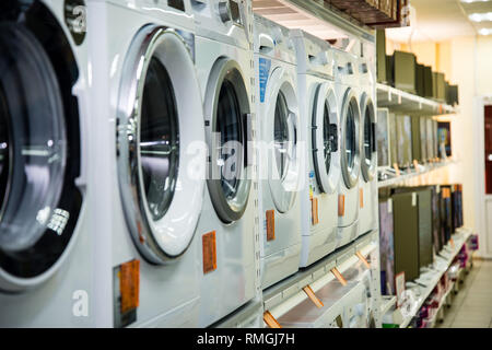 Chelyabinsk Region, Russia - February 2019. Shop household electrical goods 'NORD'. Racks with the goods. Stock Photo