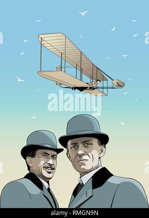 Wright Brothers portrait in line art illustration. First airplane's inventors. Stock Vector