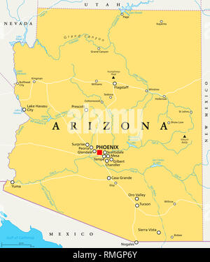 Arizona political map with capital Phoenix, important cities, rivers, lakes. State in southwestern region of United States. Illustration. Stock Photo