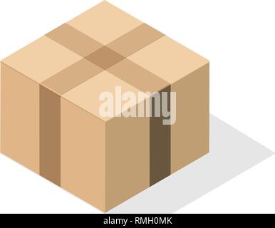 Miniature 3D box in the version with a closed lid of light brown cardboard taped. Object on a white background with a flat shadow. Isometric style. Stock Vector