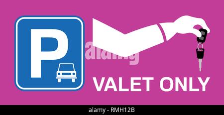 Valet hand holding car key with parking sign. All the objects are in different layers and the text types do not need any font. Stock Vector