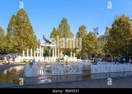 The controversial German occupation memorial in Budapest with a fountain Stock Photo
