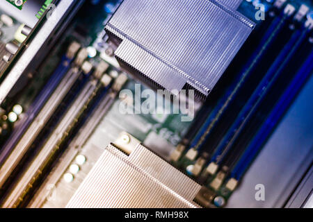 top view for data server motherboard. close up server cpu cooling system. toned. Stock Photo