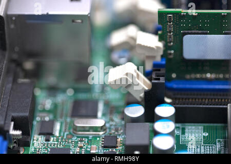 ram memory chip at server motherboard. selective focus. cloud web server technologies. testing and repeir computer and server equipment. computer tech Stock Photo