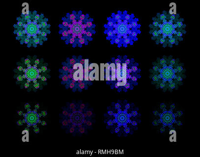 Fine art set / collection of twelve floral decorative and geometrical neon color pattern / mandalas made from macros of red pink green tulips on black Stock Photo