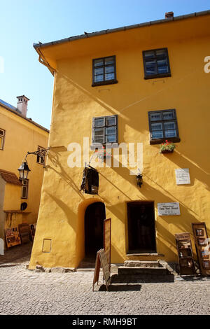 Sighisoara, Romania - August 22, 2016: View of the ocher-colored house - the birthplace of Vlad Dracula, also known as Vlad Tepes, ruler of the provin Stock Photo