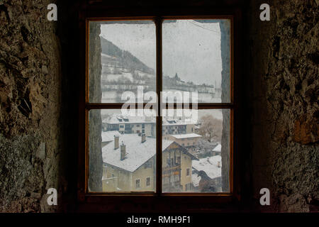 seen from the window of the vipiteno bell tower of the snow-covered exterior Stock Photo
