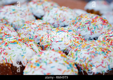lot Easter cakes decorated with multicolored dusting Stock Photo