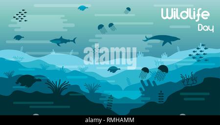 Wildlife Day illustration of ocean water animals and fish in coral reef for sea conservation awareness. Includes dolphin, shark, turtles. Stock Vector