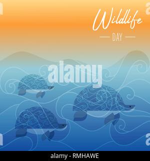 Wildlife Day illustration of turtles swimming in ocean water at sunset for sea conservation awareness. Stock Vector