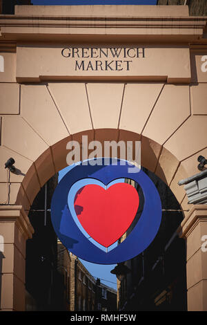 London, UK. May, 2018. A red heart in a blue circle at the entrance gate of Greenwich Market. Stock Photo