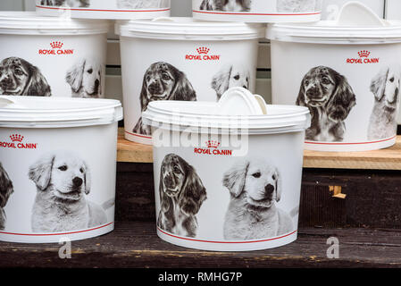 09.12.2018. RIGA LATVIA. Plastic buckets of Royal Canin brand