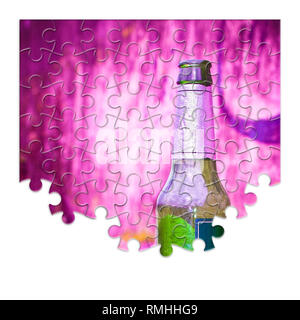 Puzzle of a bottle of beer resting on the ground - Free themselves from alcohol addiction - concept image Stock Photo
