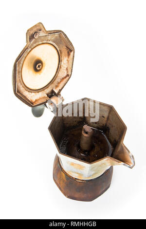 Old coffee maker (called "moka" or "mocha") for italian coffee espresso with open lid on white background Stock Photo