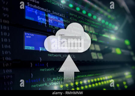 Cloud storage, data access, login and password request window on server room background. Internet and technology concept. Stock Photo