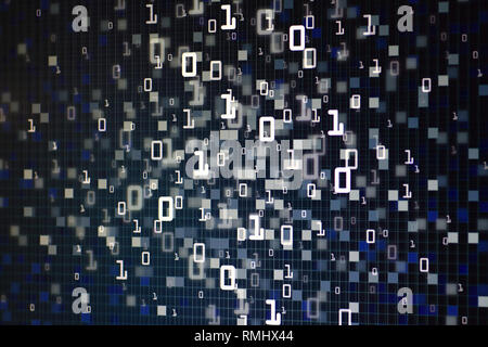 Digital technology binary background. light blue digital data flowing from top to bottom of the frame. blue block pixel abstract background for comput Stock Photo