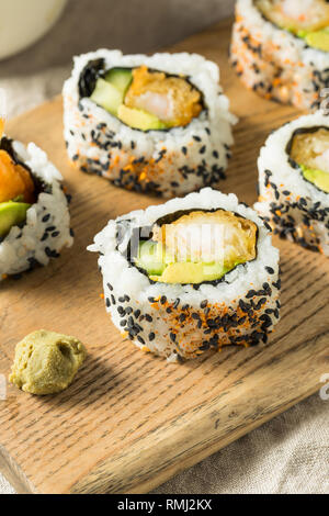 Homemade Shirmp Tempura Sushi Roll with Avocados Stock Photo