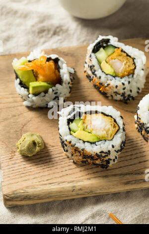 Homemade Shirmp Tempura Sushi Roll with Avocados Stock Photo