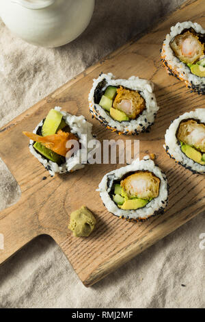Homemade Shirmp Tempura Sushi Roll with Avocados Stock Photo