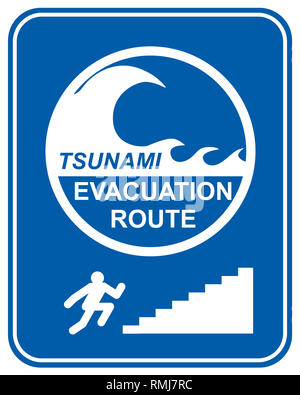 Tsunami warning signs showing evacuation route directions for pedestrians climbing stairs Stock Photo