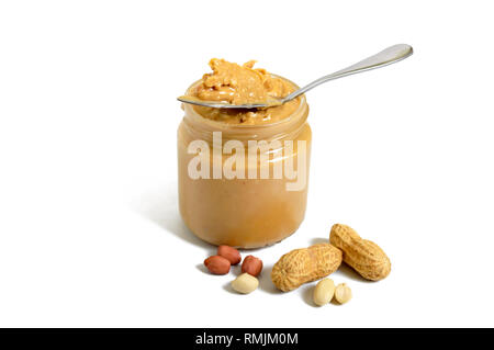 Creamy peanut butter in spoon isolated on white background, closeup. A  traditional product of American cuisine Stock Photo - Alamy