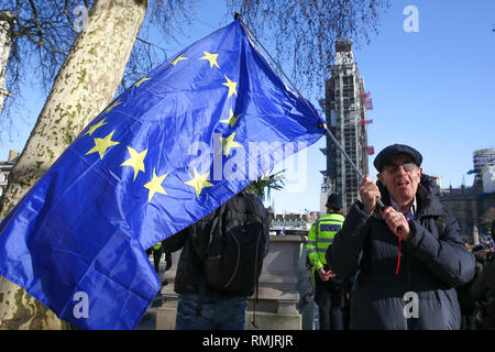 An anti-Brexit demonstrator is seen waving an European flag outside the Houses of Parliament.  MPs are set to debate and vote on the next steps in the Brexit process later today as Prime Minister Theresa May continues to try to get her deal through Parliament. Stock Photo
