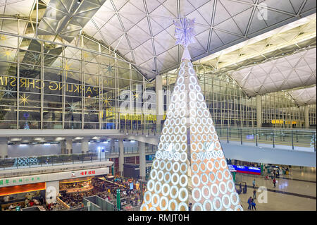 HONG KONG - CIRCA DECEMBER, 2014: inside of Hong Kong International Airport. Hong Kong International Airport is the main airport in Hong Kong. Stock Photo