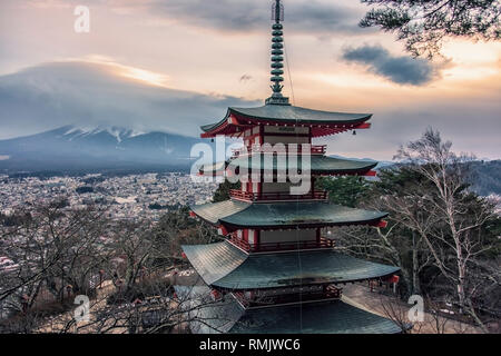 Famous Place of Japan with Chureito pagoda and Mount Fuji at sunset