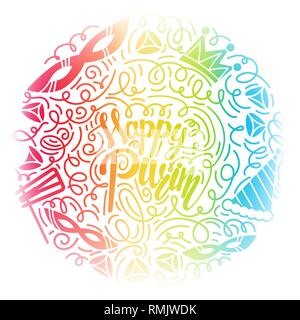 Purim greeting card in doodle style with with carnival mask, hats, crown, noise make and hamantaschen. Colorful vector illustration. Isolated on white background Stock Vector