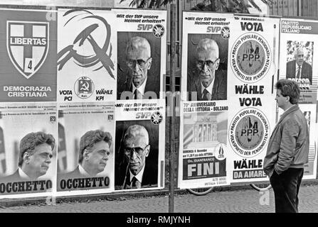 A man observes the election posters for the state legislature election in South Tyrol. A total of twelve parties solicit a seat in the South Tyrolean state parliament from the voters of various ethnic groups. Stock Photo