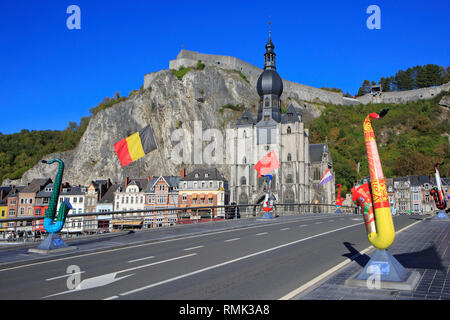 Panoramic view across the citadel and the 13th-century Gothic Collegiate Church of Our Lady of Dinant, Belgium Stock Photo