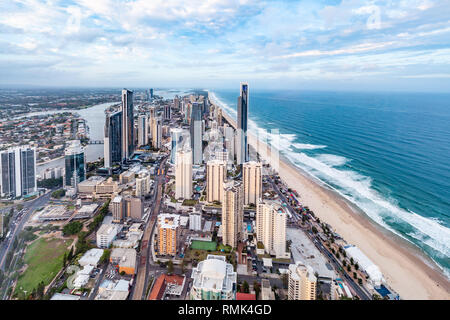 Gold Coast, Australia - January 6, 2019: Surfers Paradise skyline viewed from skypoint observation desk