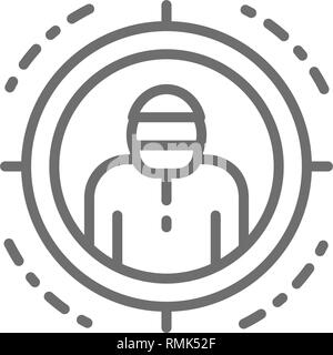Criminal in sniper scope, target for shooting line icon. Stock Vector