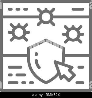 Website with shield, browser antivirus, cyber protection line icon. Stock Vector
