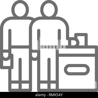 People put ballot paper in ballot box, election day line icon. Stock Vector