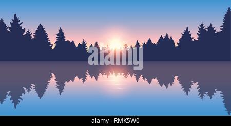 beautiful lake at sunrise pine forest nature landscape vector illustration EPS10 Stock Vector