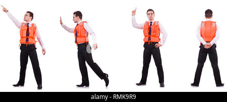 Man in life-jacket isolated on white Stock Photo