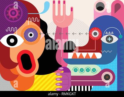 A woman is afraid of a big angry dog. Contemporary art vector illustration. The dog attacked the woman. The woman is screaming. Stock Vector