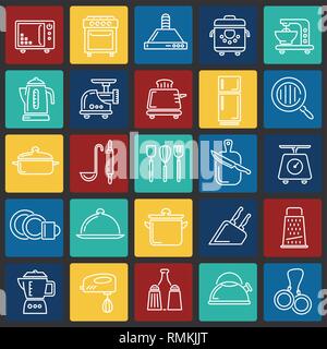 Kitchen appliances line icons set on color squares background for graphic and web design, Modern simple vector sign. Internet concept. Trendy symbol for website design web button or mobile app. Stock Vector